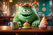 Lovely Character and sweet dinner. Generative AI. Cute visitor is sitting in eatery. illustration for puzzle, children's menu, coffee shop, notebook, cover. Green fluffy monster and cake.