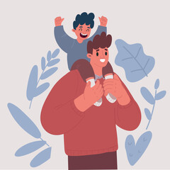 Wall Mural - Vector illustration of Happy Father's Day. Dad carrying his son on his shoulders. A boy sitting on Dad's shoulders. Father and son.