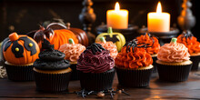 Halloween Cupcakes With Candles, Group Of Halloween Cupcakes Made Of Chocolate With Orange And Brown Decorations Background, Generative Ai