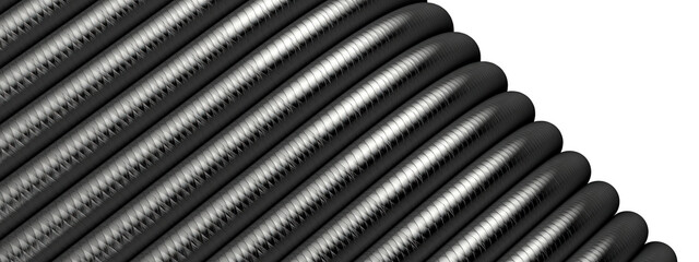 A background of an Elegant and Modern 3D Rendering image of a dark grey isolated carbon fiber cable with a bending curve