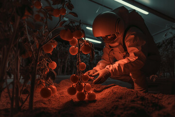 astronaut planting tomato plants. planet mars colonization concept.