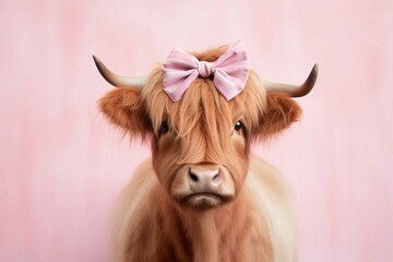 Wall Mural - Cute Highland cattle cow with ribbon on pink background