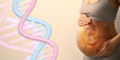 Noninvasive prenatal testing (NIPT). Double exposure of pregnant woman and little baby, banner design. Illustration of DNA structure on beige background