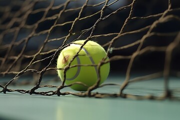 Wall Mural - Macro view of yellow tennis ball in net on hard tennis court.