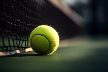 Detail view of bright yellow tennis ball on hard tennis court near tennis net closeup.