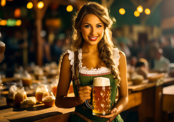 Wall Mural - Oktoberfest waitress, wearing a traditional Bavarian dress, serving beers. German traditional festival. Shallow field of view