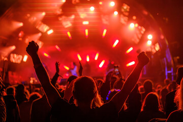 Wall Mural - Fans with raised arms against glowing stage