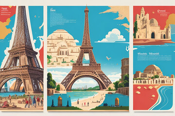 Set of Travel Destination Posters in retro paris.,generative AI