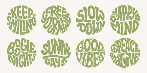 Wall Mural - Groovy lettering set. Retro slogan collection in round shape. Trendy groovy print design for poster, card, tshirt.