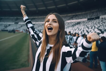 Attractive Girls Group As Soccer Fan Exciting Football Match And Cheer Up In Stadium, Generative AI