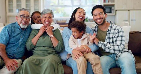 Poster - Happy, portrait and big family on sofa in living room, home or grandparents, children and parents together on couch with love. Mom, dad and kids with a smile or relax in lounge with generations