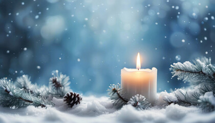 Christmas candle in the snow with copy space