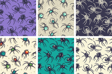 Wall Mural - Halloween set of seamless patterns with spiders for halloween design. Wallpapers or backgrounds with tarantula or insects for october party banner, poster or postcard