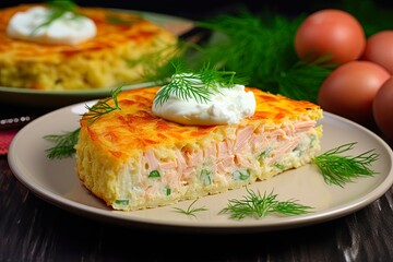 Tasty Tuna Cake with Yogurt and Eggs on a White Background. Delicious Meal for Dinner or Anytime. Generative AI