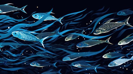 Wall Mural - School of fish swimming under water of sea. Underwater life. World ocean day concept. AI illustration for banner, backdrop, wallpaper, flyer, brochure, poster, background, campaign.
