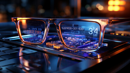 Eyeglasses looking at screen with digital code, coding new software. Generative Ai