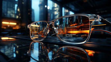Eyeglasses looking at screen with digital code, coding new software. Generative Ai