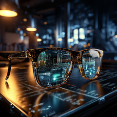 Eyeglasses looking at screen with digital code, coding new software. Generative Ai
