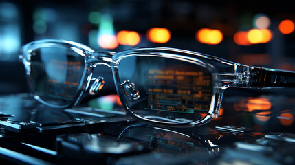 Eyeglasses looking at screen with digital code, coding new software. Generative Ai