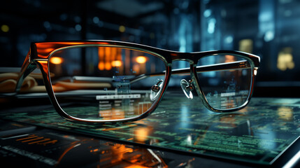 Eyeglasses looking at screen with digital code, coding new software. Generative Ai
