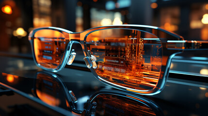 Eyeglasses looking at screen with digital code, coding new software. Generative Ai