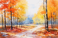 Autumn Forest Landscape Colorful Watercolor Painting Of Fall Season 