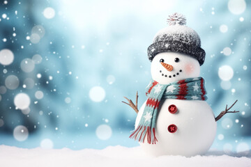 Cute fashionable snowman isolated on winter background 