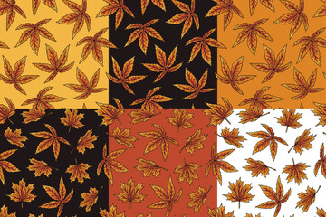 Wall Mural - Halloween set of seamless patterns with autumn leaves for halloween design. Wallpapers or backgrounds with orange or red leaf for october party banner, poster or postcard