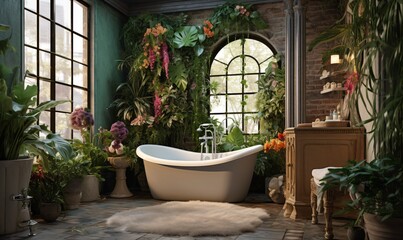 Wall Mural - modern comfortable bathroom interior with a tub decorated with green plants and walls