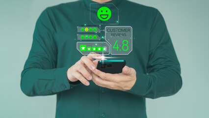 Poster - Man using a mobile phone or smartphone in give rating to service experience assessment on application. Online customer review satisfaction feedback survey and testimonial.