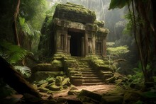 Ancient Temple Ruins In A Jungle, Generative AI