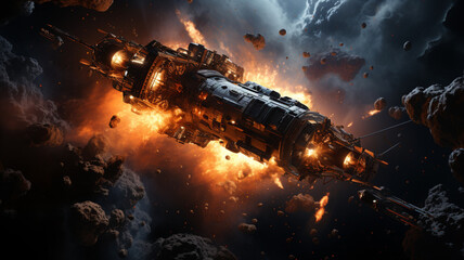Wall Mural - Spacecraft in intergalactic warfare with a world exploding. Generative Ai