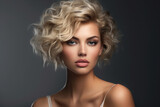 Blonde model with short curly hair, smiling. Fashion, beauty, and makeup