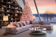 © Exclusive  - Decorated pink Christmas tree  in living room with sofa and  large panoramic window sunrise winter background