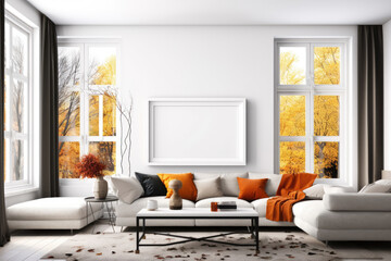 Sticker - White frame template in modern living room with autumn color