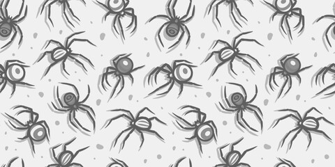 Wall Mural - Halloween seamless pattern with spiders for monochrome halloween design. Wallpaper or background with tarantula or insects for october party banner, poster or postcard