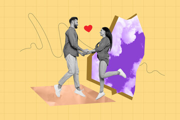 Sticker - Collage 3d image of pinup pop retro sketch of funny young man female couple dating hold hands sky clouds break wall together two