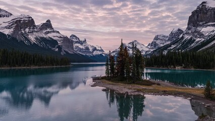 Wall Mural - Landscape of sunset over Spirit Island with Canadian Rockies in Maligne Lake at Jasper national park