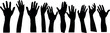 © Arafat - row of hands reaching up in the air Silhouette. The hands are all different shapes and sizes, and they are all facing the same direction.