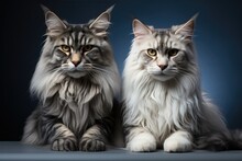Majestic Adult Maine Coon Cats Laying Side By Side, Looking At Camera On Dark Blue Background