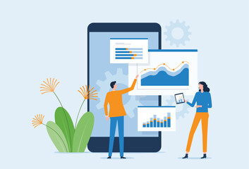 Wall Mural - vector business data analytics research and data scientist team meeting concept. with business peopl