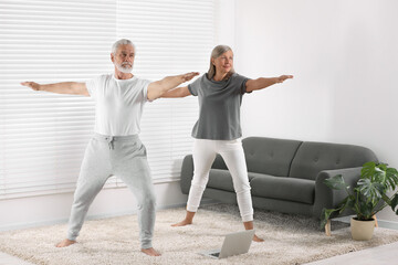 Sticker - Senior couple practicing yoga with laptop on carpet at home