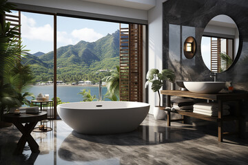 Wall Mural - Bathtub on wooden floor terrace in modern room of luxury house with sea view. Interior design , generative ai