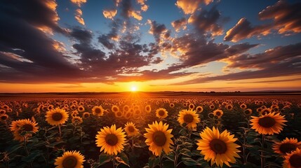 Glade with sunflowers painted with oil paints. Picture for postcards and design. Beautiful landscape of Ukrainian fields. Generative AI