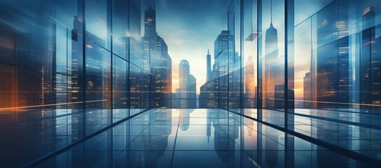 Wall Mural - Empty modern business office skyscrapers. High-rise buildings in commercial district with blue sky. bright and clean high tech office background