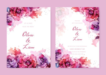 White pink and purple modern wedding invitation card with floral and flower