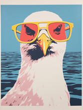 Retro Vintage Graphic Screen-print Seagull Illustration Made With Generative AI 