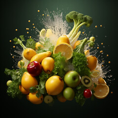 Fruits apple and banana whit fresh vegetables in water photo studio kit