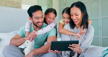 Poster - Tablet, happy and family in home bedroom, bonding and streaming movie, online film and video on internet. Technology, parents and children on bed with mother, father and kids smile on social media