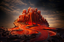 Generative AI Image Of Red Hot Lava, Molten Magma Flows Onto Solidified Black Lavafield And Rocky Land Near Volcano Eruption, HD Background Wallpaper